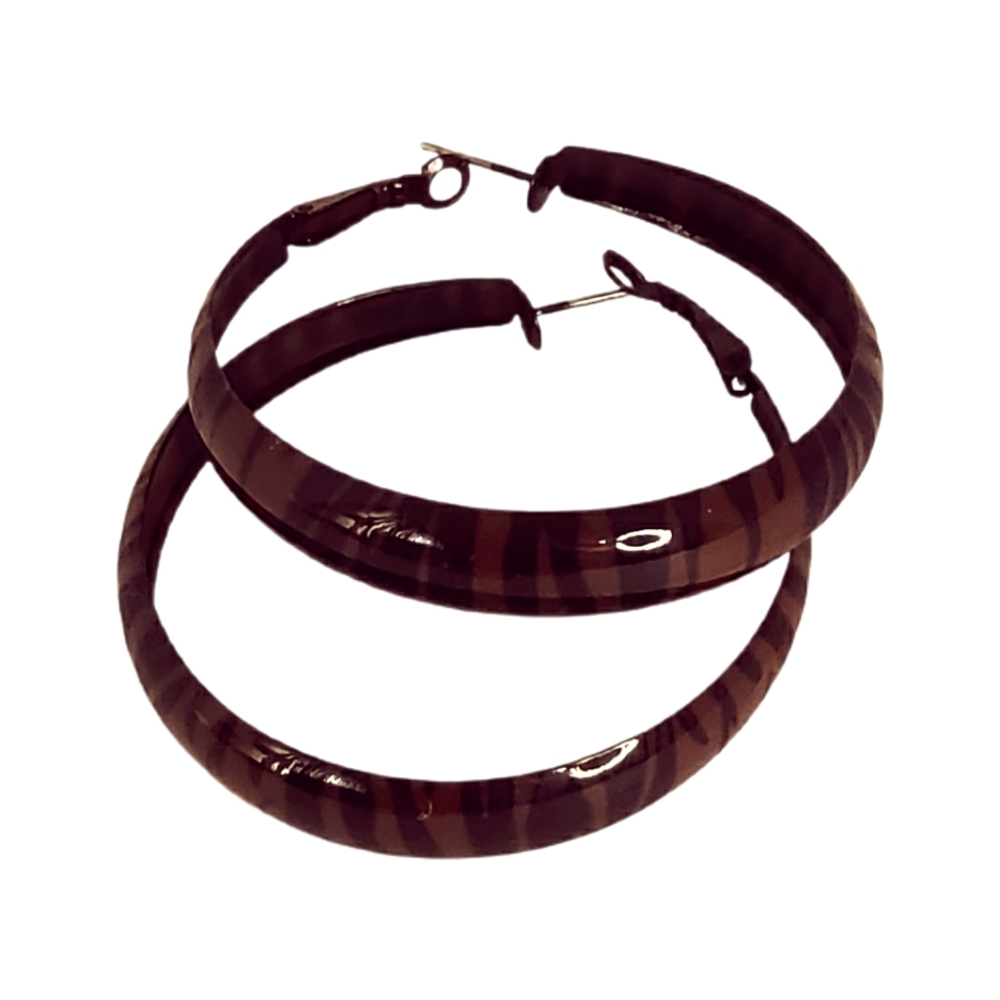 Fashion Jewelry Exquisite Hoop Style Earrings Zebra Print Brown Metal 2.5"